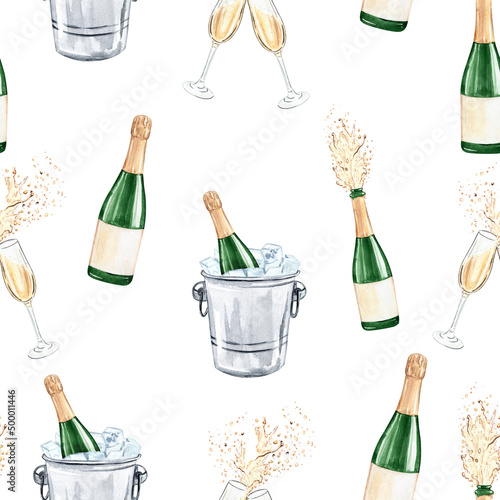 Watercolor champagne glass and bottle seamless pattern on white