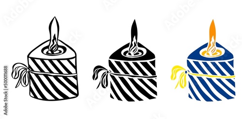 Burning striped candle with tied bow. Outline, in silhouette and colorful illustration isolated on white background. Holiday celebration  design elements. Vector illustration.
