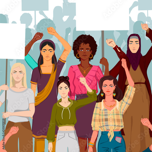 A group of multiracial and multicultural women fighting for their rights. Feminists participating in the demonstration. Vector illustration.