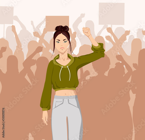 Asian woman participating in a march of women fighting for their rights. Feminists participate in the rally. Vector illustration.