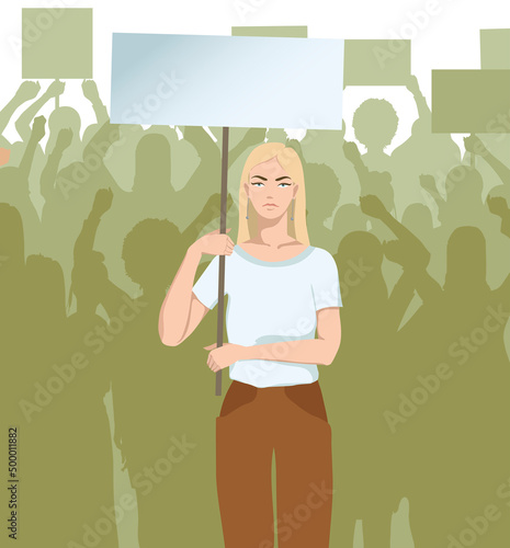 A woman with a banner participating in the march of women fighting for their rights. Feminists participate in the rally. Vector illustration.