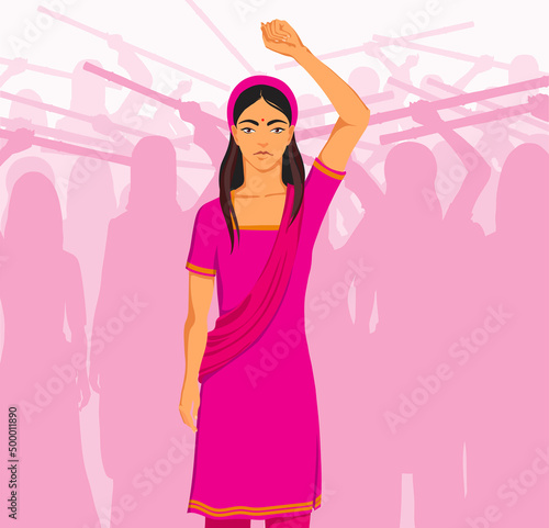 An Indian woman in a pink saree takes part in a march of women fighting for their rights. Feminists participate in the rally. Vector illustration.