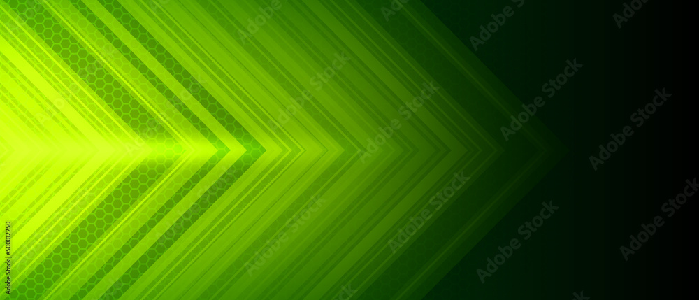 Abstract green arrow glowing with lighting and line grid on blue background Abstract green arrow glowing with lighting and line grid on blue background