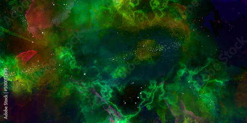 abstract night sky space watercolor background with stars. watercolor dark green blue nebula universe. Night sky with stars and nebula. watercolor hand drawn illustration. 