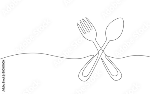 One line spoon fork gastronomy concept. Continuous lineart tasty soup cook dish. Delirious dining restaurant cuisine vector illustration