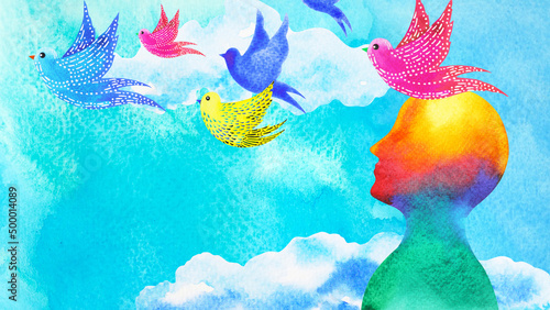 Obraz na plátně birds flying in blue sky abstract art mind mental health spiritual healing human