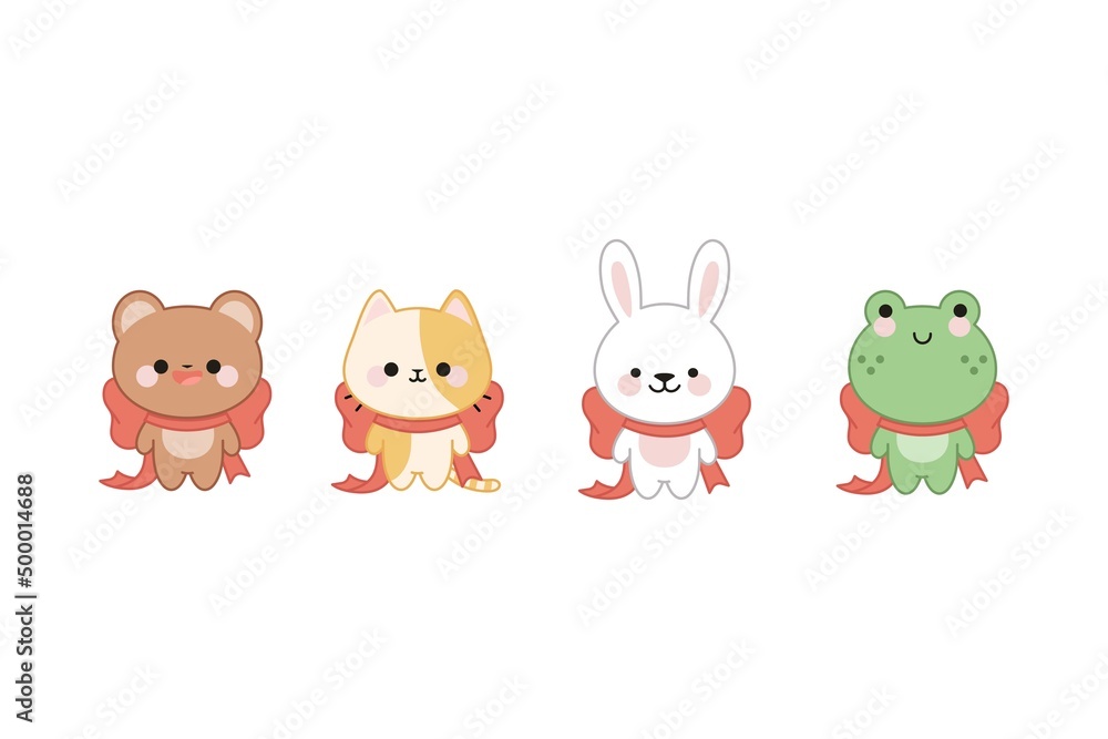 Set of cute characters in kawaii style. Bear, frog, cat and rabbit are sitting and decorated with red bows. Set of cute characters in kawaii style. Bear, frog, cat and rabbit are sitting and decorated with red bows.