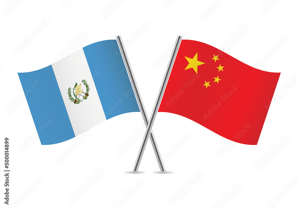 The Republic of Guatemala and China crossed flags. Guatemalan and Chinese flags on white background. Vector icon set. Vector illustration. The Republic of Guatemala and China crossed flags. Guatemalan and Chinese flags on white background. Vector icon set. Vector illustration.