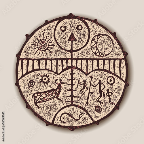 Vector drawing, improvisation on the theme of shamanic tambourine. The ancient culture of the peoples of Siberia.