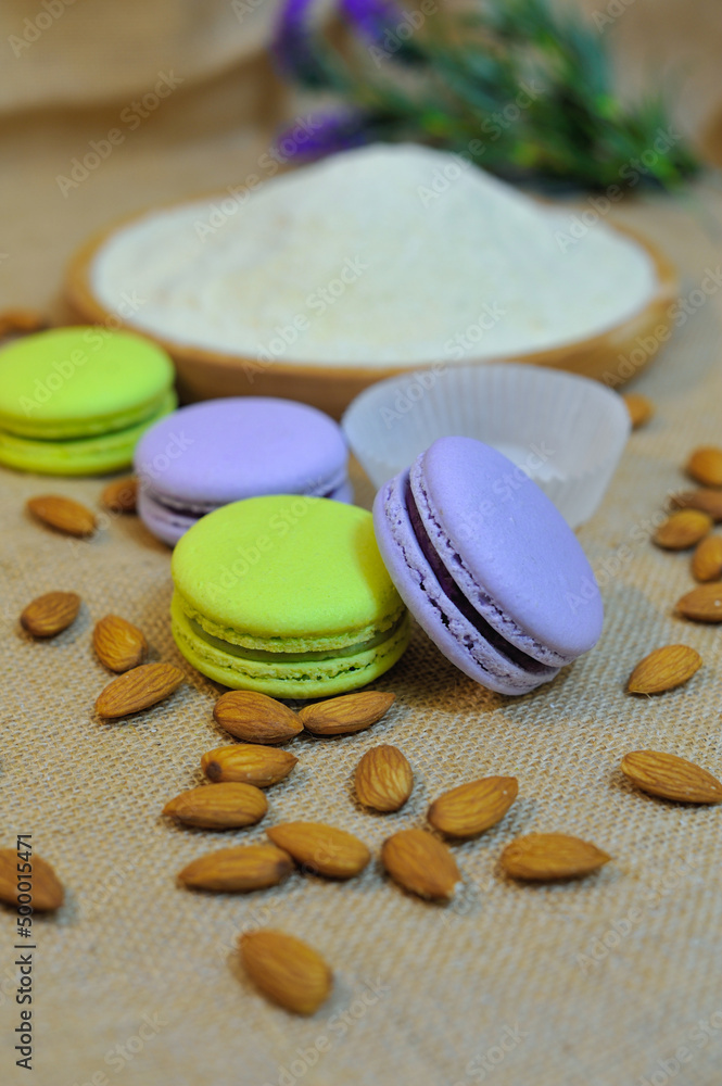 Macarons and flowers on a white background. Colorful french dessert with fresh flowers. Top view Macarons and flowers on a white background. Colorful french dessert with fresh flowers. Top view