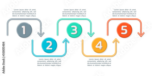 5 step 3d infographic template with five numbers and arrows. Business process, presentation design. Vector illustration.