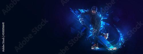 Young man, professional hockey player in protective uniform training isolated on dark background polygonal, fluid neon elements. Concept of sport