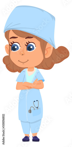 Girl in medical uniform. Doctor or nurse profession. Cartoon character