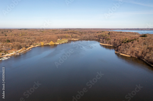 Bagsvaerd, Denmark - April 20, 2022: Aerial drone view of Bagsvaerd Lake in northeastern Zealand.