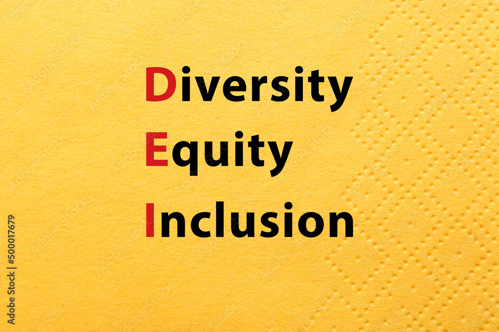Abbreviation DEI - Diversity, Equity, Inclusion on yellow background
