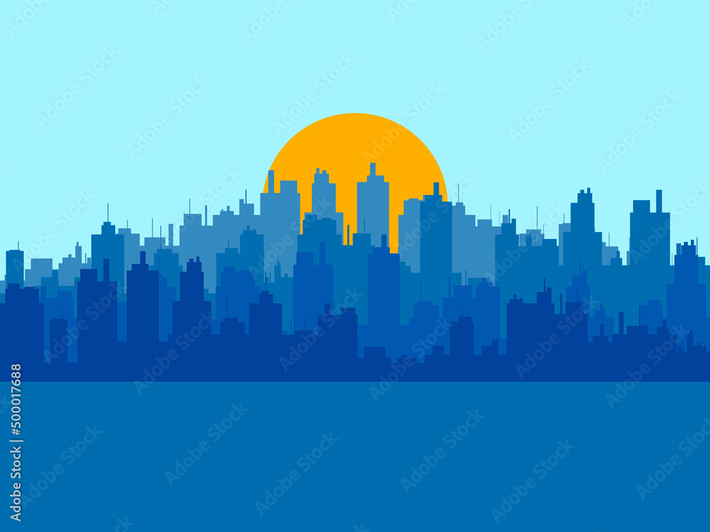 Sunrise over the city. Panorama of a big city with skyscrapers. Construction outlines. City skyline for print, posters and promotional materials. Vector illustration