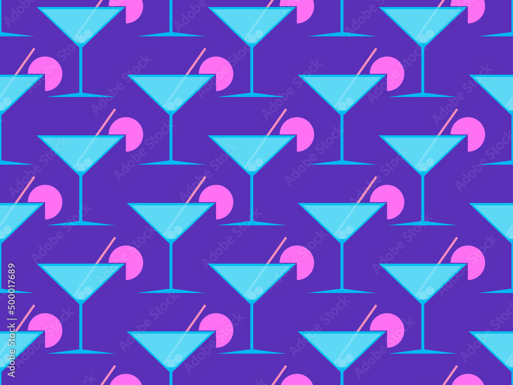 Cocktail with umbrellas 80s style seamless pattern. Alcoholic cocktails with umbrellas and orange slice. Design for bar menus, advertising materials and banners. Vector illustration Cocktail with umbrellas 80s style seamless pattern. Alcoholic cocktails with umbrellas and orange slice. Design for bar menus, advertising materials and banners. Vector illustration