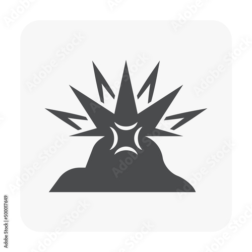 Blasting in open cast quarry vector icon. Include smoke, dust. Explosion by dynamite to break destruction rock, stone, coal, earth to open pit mines for excavation, mining and construction industry.
