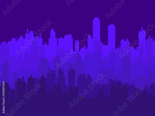 Night cityscape with skyscrapers. Panorama of the big city in purple tones. Contours of construction. City skyline for print, posters and promotional materials. Vector illustration