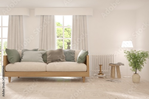 Wallpaper Mural White living room with sofa and summer landscape in window. Scandinavian interior design. 3D illustration Torontodigital.ca