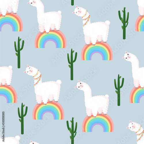 Seamless pattern with llamas on a rainbow with cactus. Vector illustration for baby texture, textile, fabric, poster, greeting card, decor. Cute alpaca from Peru. Textures with animals.