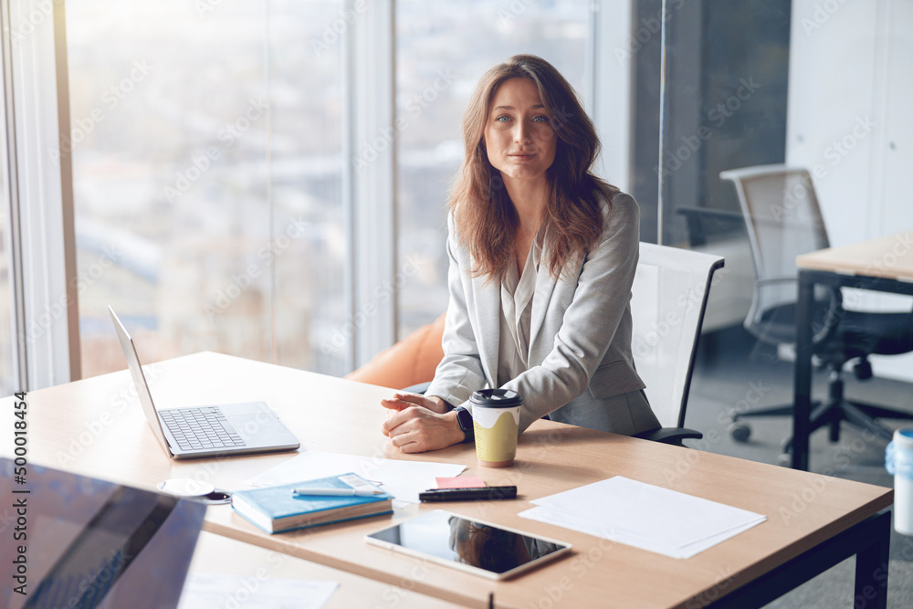 Portrait of smiling beautiful business woman working in office use computer with copy space Portrait of smiling beautiful business woman working in office use computer with copy space