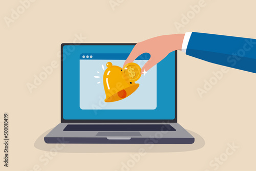 Subscription business model, customer subscribe online service and pay recurring price, membership payment to use software on content concept, customer hand put coin on subscription bell on laptop.