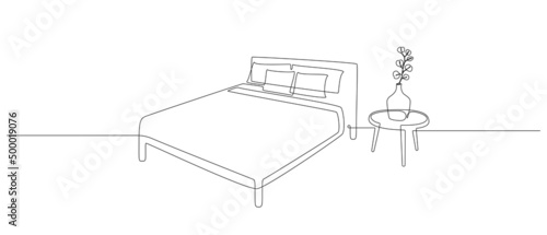 Continuous one line drawing of double bed and table with vase with monstera leaf. Scandinavian stylish furniture for sleep bedroom in simple Linear style. Editable stroke. Doodle vector illustration