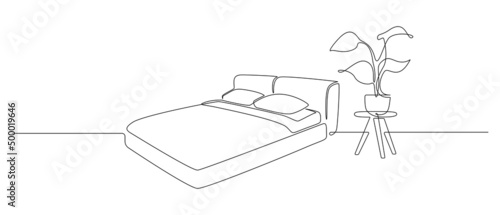 Continuous one line drawing of double bed and table with potted plant. Scandinavian stylish furniture for sleep bedroom in simple Linear style. Editable stroke. Doodle vector illustration