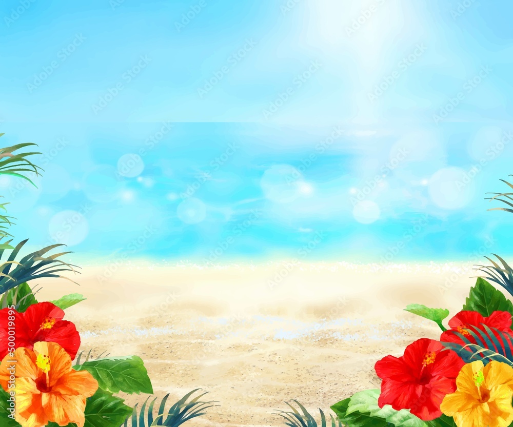 太陽の光差し込む青い空の下 美しい海沿いにヤシとハイビスカスの咲く夏のおしゃれフレーム背景素材 Stock Vector Adobe Stock