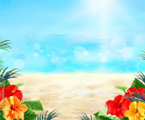太陽の光差し込む青い空の下、美しい海沿いにヤシとハイビスカスの咲く夏のおしゃれフレーム背景素材
