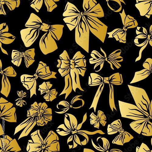Seamless pattern with gold tie bows on black background. Suitable for textile, fabric, wallpaper, wrapping. Vector illustration.