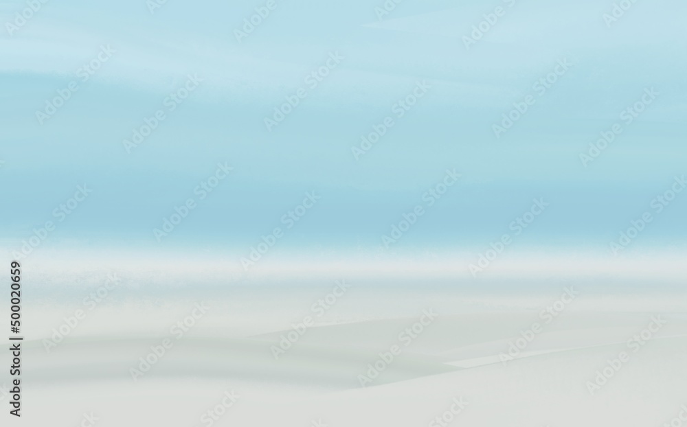 Digital abstract painting of northern landscape with blue sky and white frozen ground. Great as template or blank for artistic ideas or decoration. View from airplane. Minimal natural canvas primer.