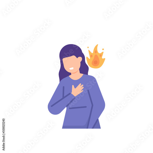 a woman feels like a burning in the chest. chest pain. symptoms of GERD, peptic ulcer, inflammation, heart attack, muscle injury. health problems. flat cartoon. people character illustration design