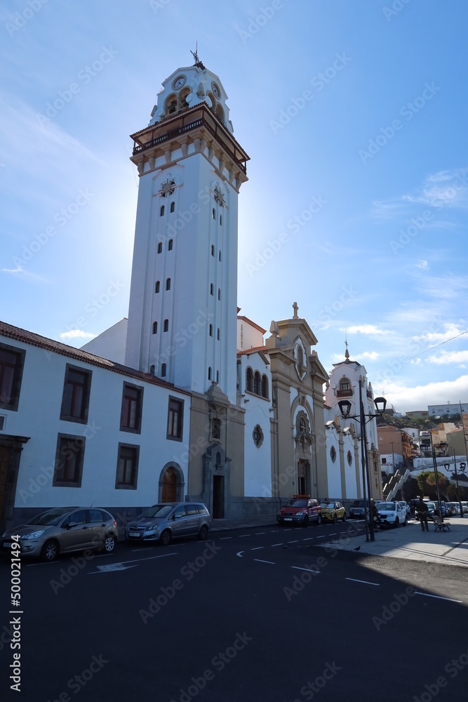 Candelaria, Tenerife, Canary Islands, Spain, March 8, 2022: Vertical view of the bell tower and facade of the Basilica of Candelaria in Tenerife. Spain