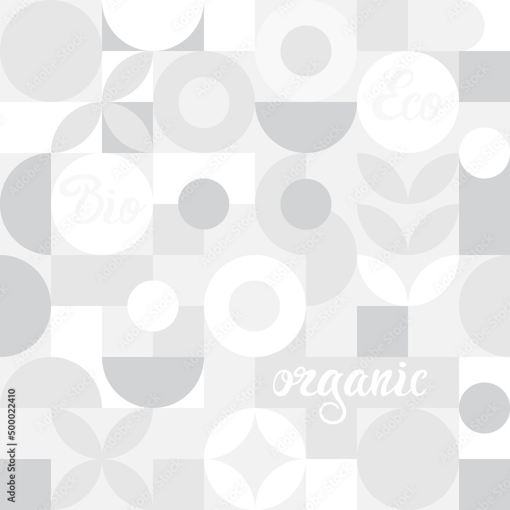 Bio label for ecological social projects, seamless pattern for eco packaging with grey flowers. Natural style banner, mosaic of geometric white shapes, organic background for vegans. Bio label for ecological social projects, seamless pattern for eco packaging with grey flowers. Natural style banner, mosaic of geometric white shapes, organic background for vegans.