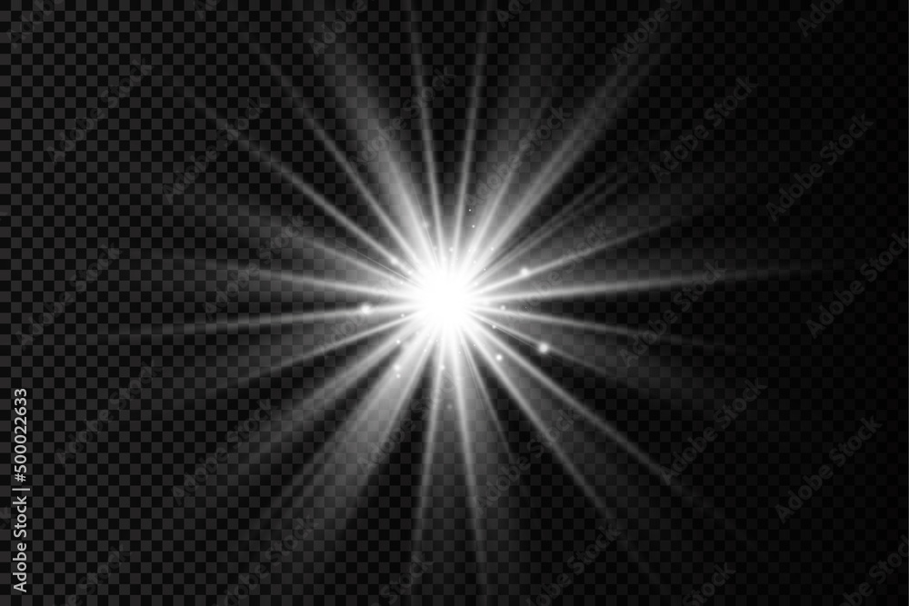 Glow bright light star, white sun rays, sunshine.