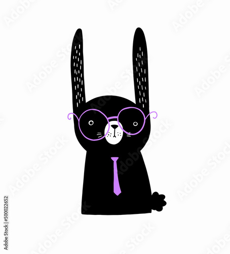 Cute funny Scandinavian doodle cartoon adorable cheerful vector rabbit bunny animal wearing pink eyeglasses in trendy scandinavian style.