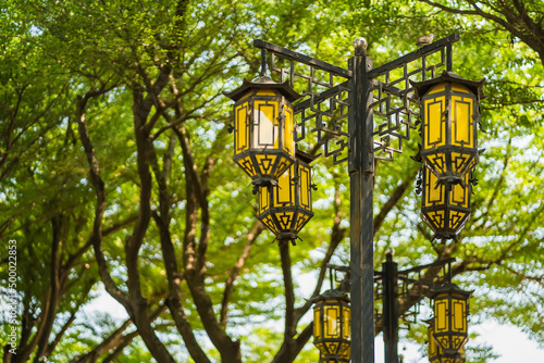 Lamp in park inside Chinese temple