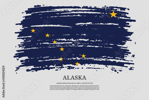 Alaska flag with brush stroke effect and information text poster, vector