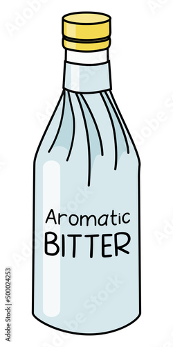 Doodle cartoon classic aromatic bitter cocktail ingredient in a bottle covered with paper. For bar cocktail cookbook decoration, stickers etc
