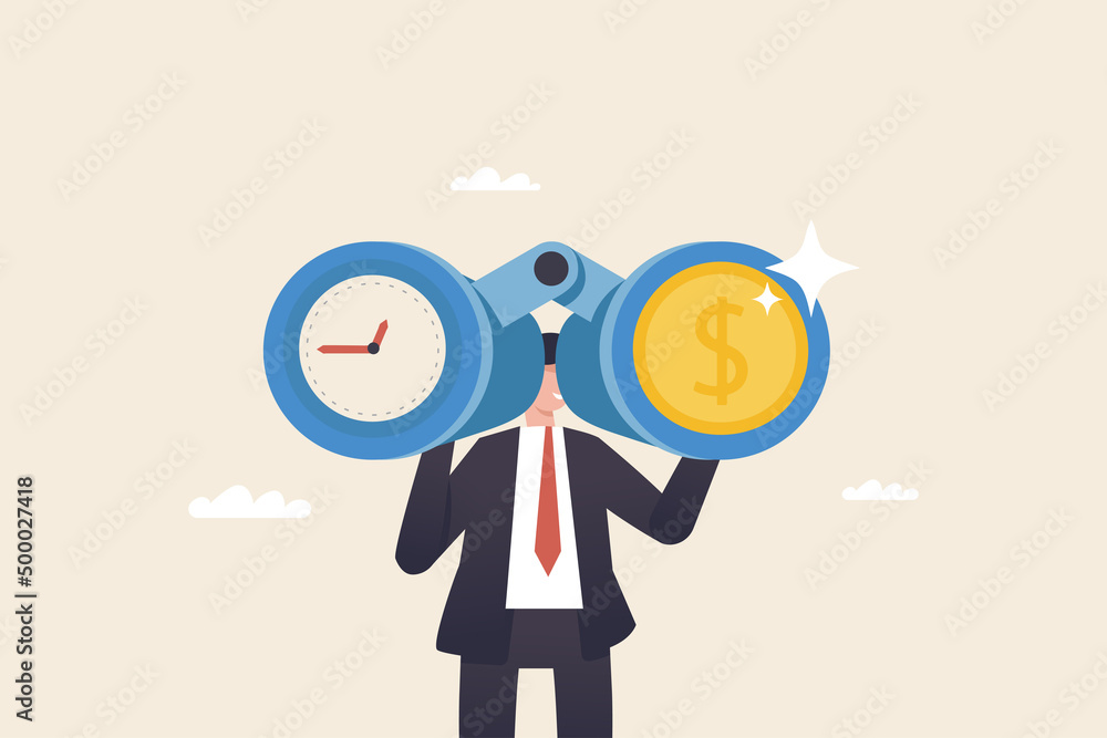 Time and money are important concepts for investors..Time Management Tips for Financial. Businessman look through binoculars to find time and coin money. Time and money are important concepts for investors..Time Management Tips for Financial. Businessman look through binoculars to find time and coin money.