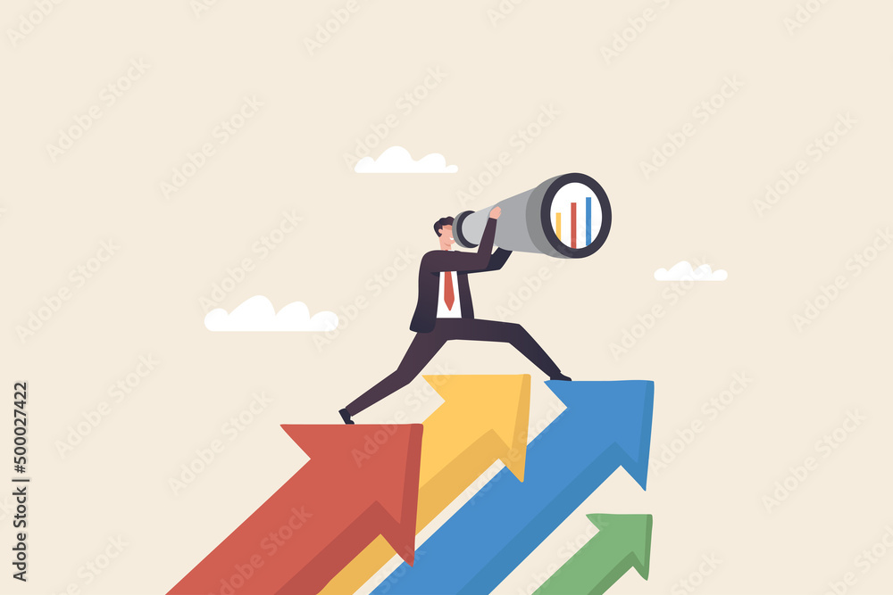 Business growth, vision and goals, Businessman holding a .binoculars standing on arrow up to career success. Business growth, vision and goals, Businessman holding a .binoculars standing on arrow up to career success.