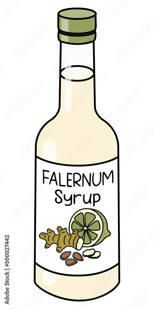 Doodle cartoon style Caribbean Falernum syrup in a bottle. Aromatic tropical Tiki cocktail ingredient. For card, stickers, posters, bar menu or cook book recipe