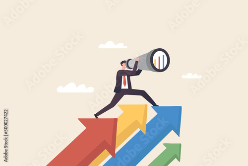Business growth, vision and goals, Businessman holding a .binoculars standing on   arrow up to career success.