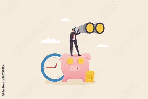 Financial future, opportunity, financial goals, looking for investment opportunities..Saving for the future in retirement. a businessman standing on a piggy bank looking for money through binoculars.