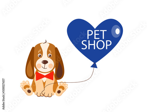 Pet shop banner design template. Vector cartoon illustration of cats, dogs, house, food