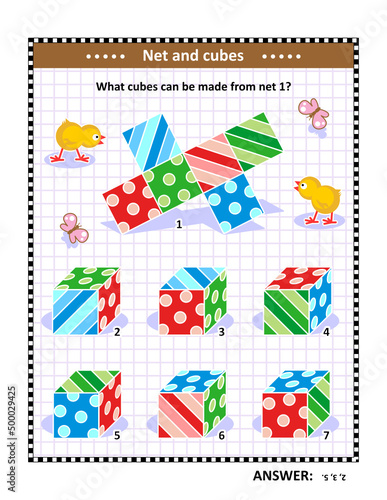 Math puzzle (suitable both for kids and adults) with net and cubes. Answer included.
