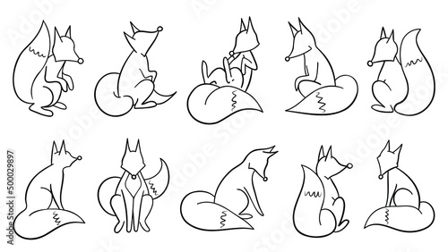 fox outline vector set, foxes in different position collection, monochrome, black and white, line art, outline, isolated on white background	