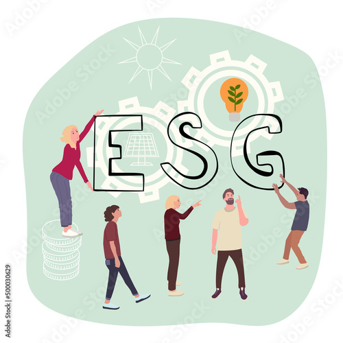 ESG Environmental Social and Governance Sustainable green company resources usage commitment. Flat people cooperate for ecological problem